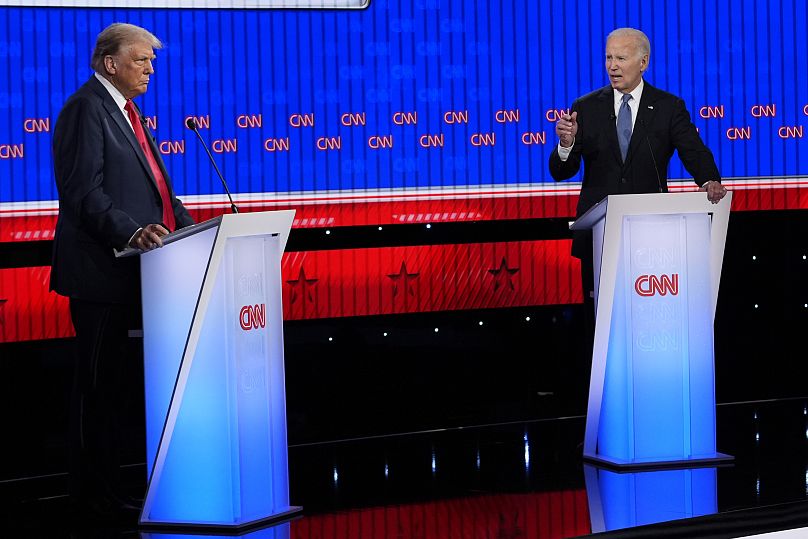 President Joe Biden, right, and Republican presidential candidate former President Donald Trump, left, participate in a presidential debate hosted by CNN, June 27, 2024