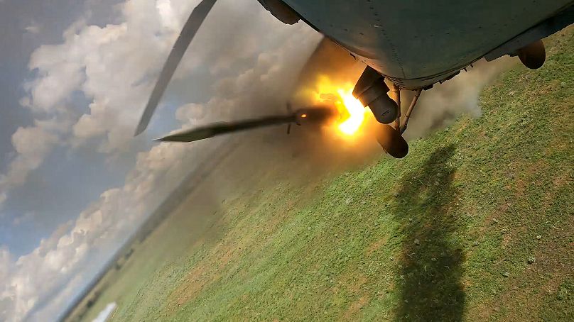 A Russian combat helicopter firing rockets during a mission over Ukraine, June 27, 2024