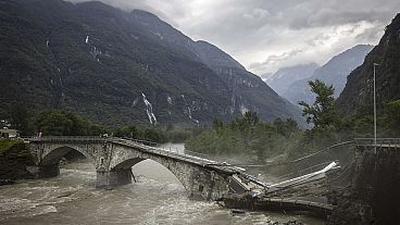 he bridge in Visletteo destroyed due to the storm, in Visletto, in the Maggia Valley, southern Switzerland on Sunday June 30, 2024. 