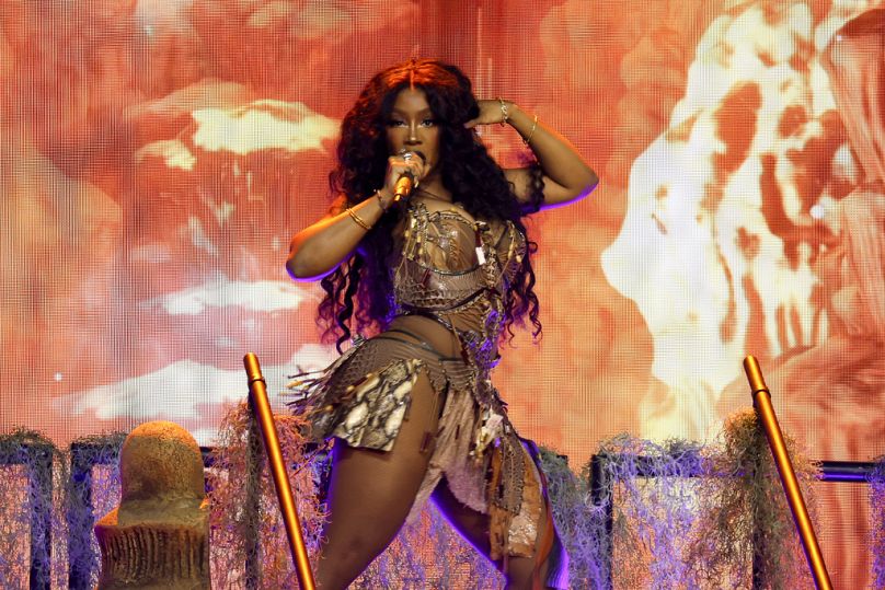 SZA performs during the Glastonbury Festival in Worthy Farm, Somerset, England, Sunday, June 30, 2024.