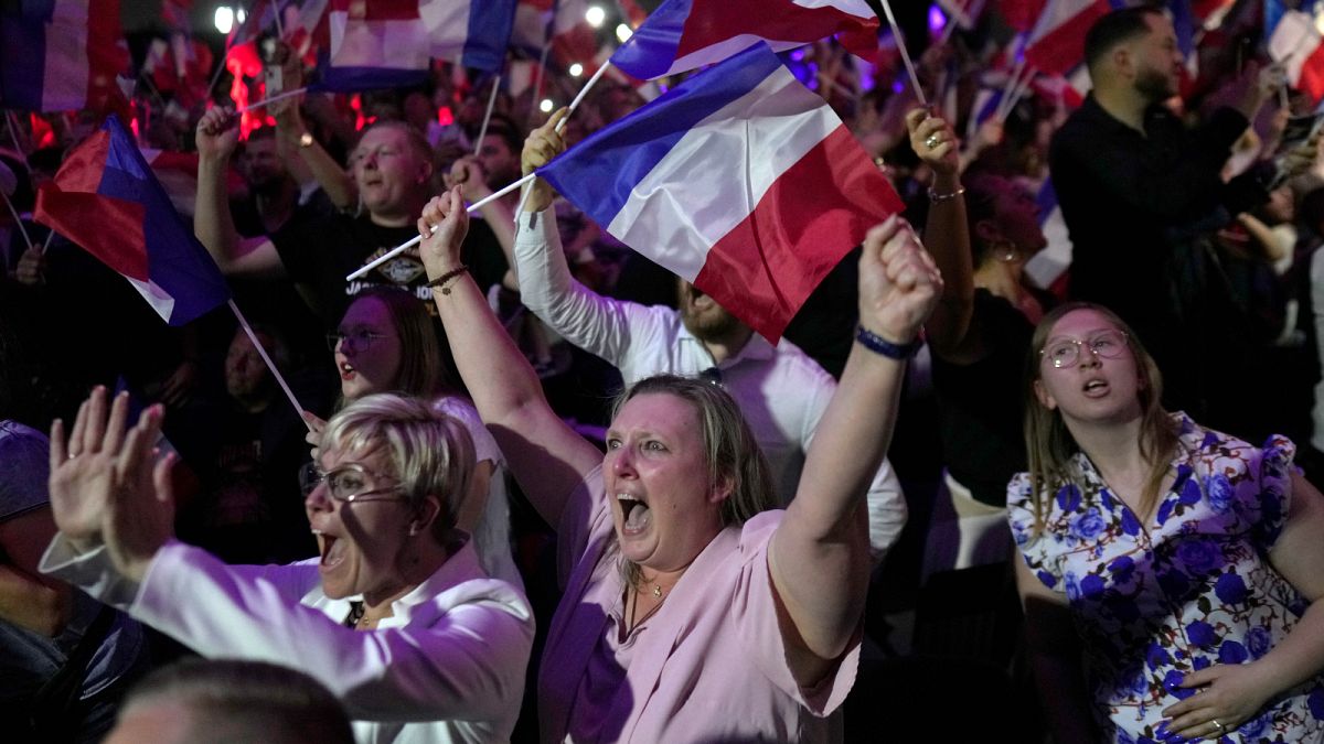 Supporters of French far right leader Marine Le Pen react after the release of projections based on the actual vote count.