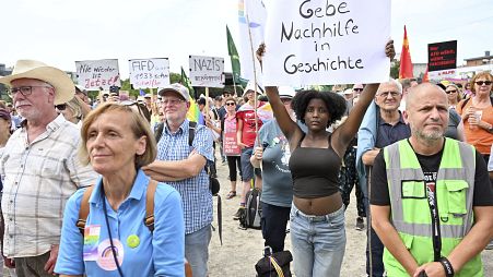 Девушка с плакатом "Преподайте урок истории" на демонстрации против партийного съезда ультраправой "Альтерантивы для Германии" в Эссене, 29 июня 2024 г.