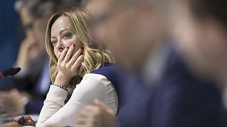 Italy's Prime Minister Giorgia Meloni attends a plenary session, during the Summit on peace in Ukraine, in Obbürgen, 16 June 2024