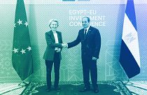 Egyptian President Abdel-Fattah el-Sissi greets European Commission President Ursula von der Leyen at the EU-Egypt Investment Conference in Cairo, June 2024