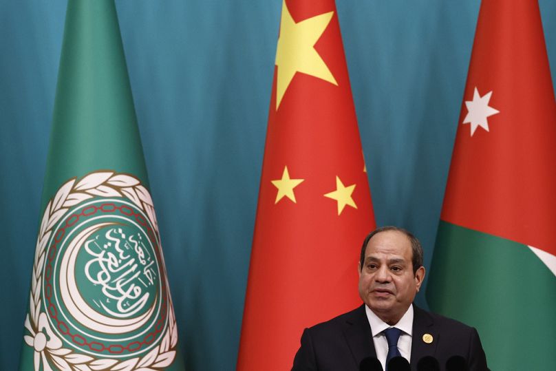 Egyptian President Abdel Fattah el-Sisi delivers a speech at the 10th ministerial meeting of the China-Arab States Cooperation Forum in Beijing, May 2024
