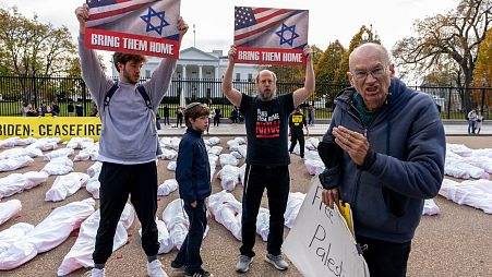 حامیان آرزادی گروگان‌های حماس در کنار یک معترض حامی فلسطینیان در مقابل کاخ سفید در ماه نوامبر