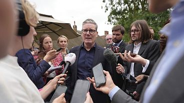 Labour leader Sir Keir Starmer speaks to the media during a visit to the Shoulder of Mutton Pub in Little Horwood, Buckinghamshire, England, 1 July 2024