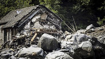 A massive landslide and destroyed houses are seen in Fontana, Val Bavona, in the Maggia Valley, near Cevio, 30 June 2024