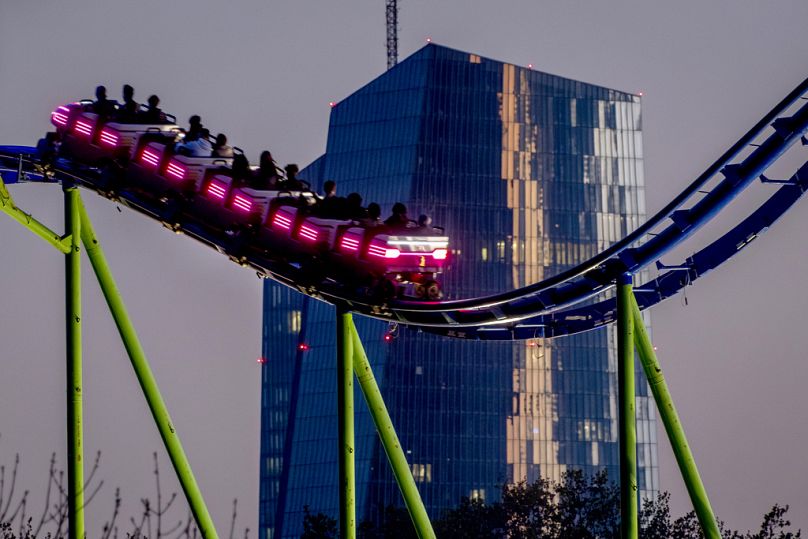A roller coaster is pictured near the European Central Bank in Frankfurt, April 2024
