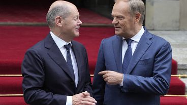 Olaf Scholz and Donald Tusk review the guard of honour Prime Minister Chancellery in Warsaw, Poland.