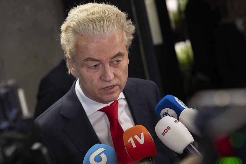 Geert Wilders talks to the media after winning the most votes in the Dutch general election in 2023. 