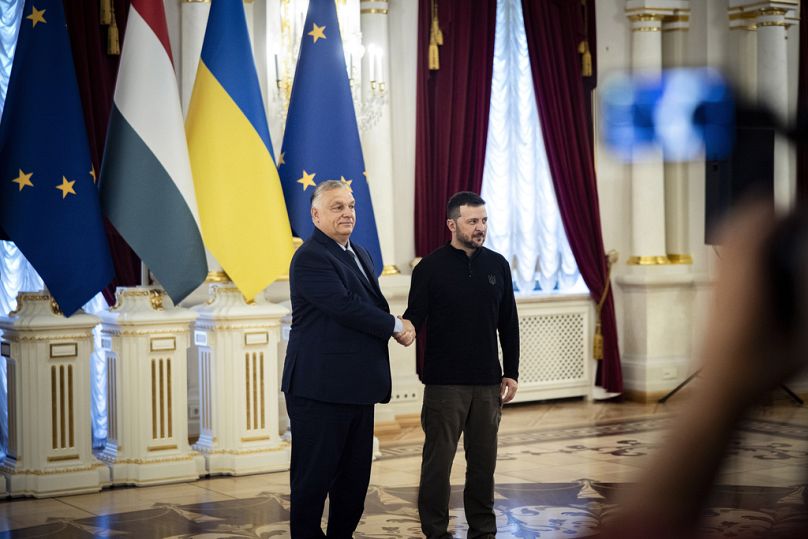 krainian President Volodymyr Zelenskyy, right, welcomes Hungarian Prime Minister Viktor Orban in Kyiv, 2 July 2024