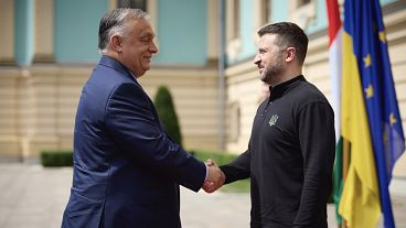 Ukrayna Devlet Başkanı Volodymyr Zelenskyy (sağda) Macaristan Başbakanı Viktor Orban'ı 2 Temmuz 2024 Salı günü Ukrayna'nın başkenti Kiev'de ağırlıyor.