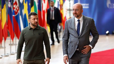 Ukraine's Volodymyr Zelenskyy and the EU's Charles Michel at a summit in Brussels, June 2024