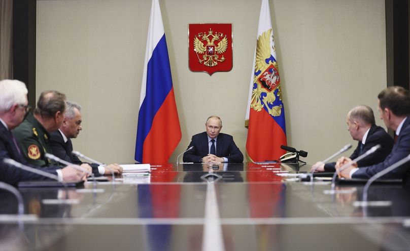 Russian President Vladimir Putin holds a meeting to discuss the progress of Moscow's war in Ukraine, at the Novo-Ogaryovo State residence outside Moscow, October 2023
