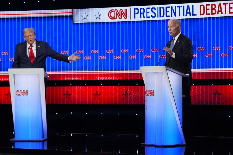 Republican presidential candidate former President Donald Trump and President Joe Biden speak simultaneously during a presidential debate hosted by CNN, (AP Photo/Gerald Herbe