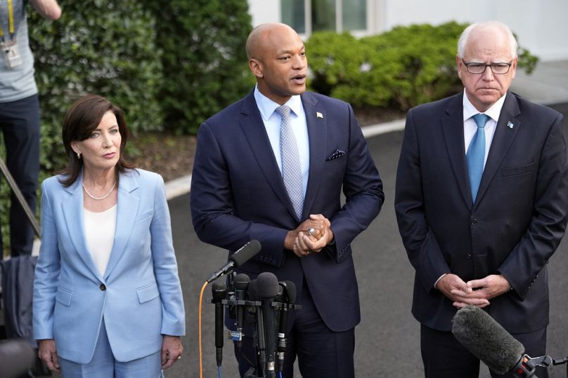 Maryland Gov. Wes Moore speaks to reporters after meeting with President Joe Biden, Wednesday, July 3, 2024, at the White House in Washington