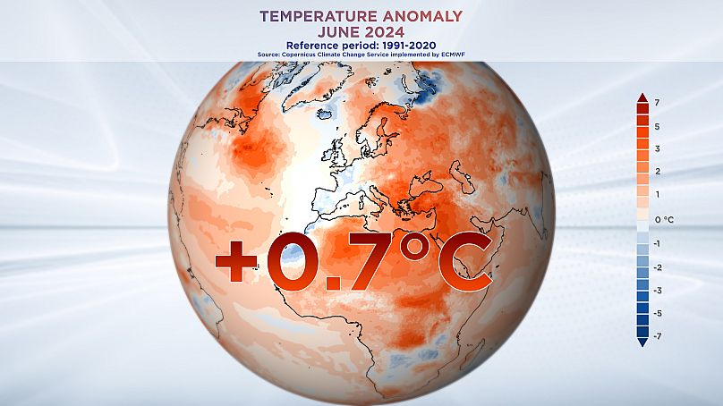 Температурная аномалия в июне 2024 года. Данные предоставлены службой Copernicus Climate Change Service при ECMWF