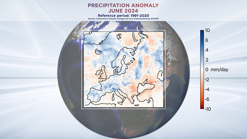 Precipitation Anomaly June 2024. Data from Copernicus Climate Change Service implemented by ECMWF