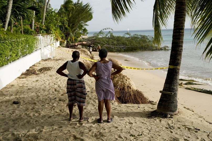 Neighbors look out at beach erosion and a fallen tree the day after Hurricane Beryl hit St. James, Barbados