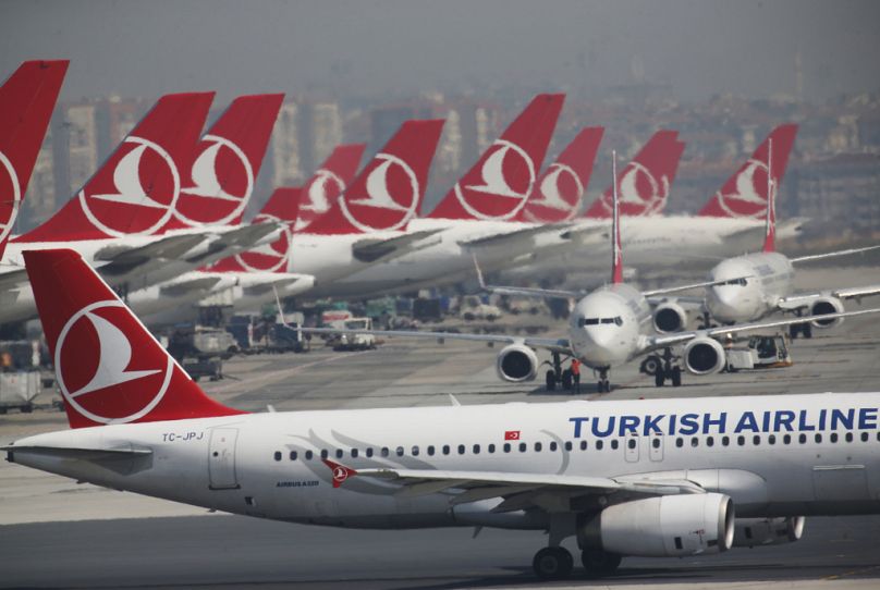 Turkish Airlines aeroplanes parked at the award winning airport