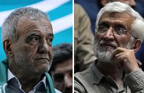 Masoud Pezeshkian, left, a reformist lawmaker and a former Health Minister, and Saeed Jalili, a hard-line former senior nuclear negotiator, during their campaigns, in Tehran