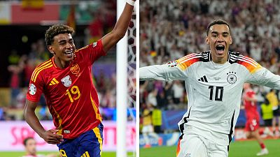 Spain's Lamine Yamal, left, and Germany's Jamal Musiala, right, both playing in Euro 2024 games