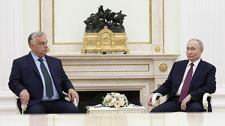 Russian President Vladimir Putin, right, and Hungarian Prime Minister Viktor Orban hold a meeting in Moscow, 5 July 2024