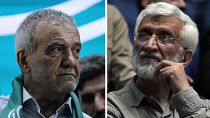 Les candidats à l'élection présidentielle iranienne Massoud Pezeshkian, à gauche, et Saïd Jalili, un ancien négociateur nucléaire, lors de leur campagne, à Téhéran