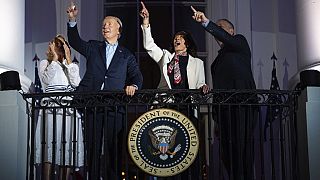 First lady Jill Biden, President Joe Biden, Vice President Kamala Harris, and second gentleman Douglas Emhoff view the Independence Day firework display.