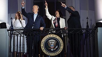 First lady Jill Biden, President Joe Biden, Vice President Kamala Harris, and second gentleman Douglas Emhoff view the Independence Day firework display.