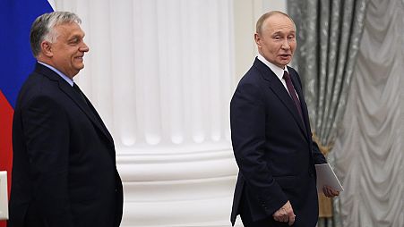 Il presidente russo Vladimir Putin e il primo ministro ungherese Viktor Orban dopo una conferenza stampa congiunta a seguito dei loro colloqui al Cremlino, 5 luglio 2024