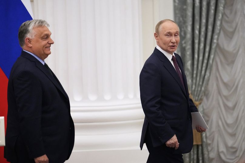 Rusya Devlet Başkanı Vladimir Putin ve Macaristan Başbakanı Viktor Orban, Kremlin, Moskova, 5 Temmuz 2024.