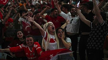 Turkish fans celebrate the team's goal aginast the Netherlands at Besiktas stadium in Istanbul
