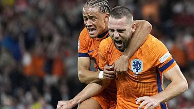 Netherlands' De Vrij celebrates scoring the equaliser against Turkey
