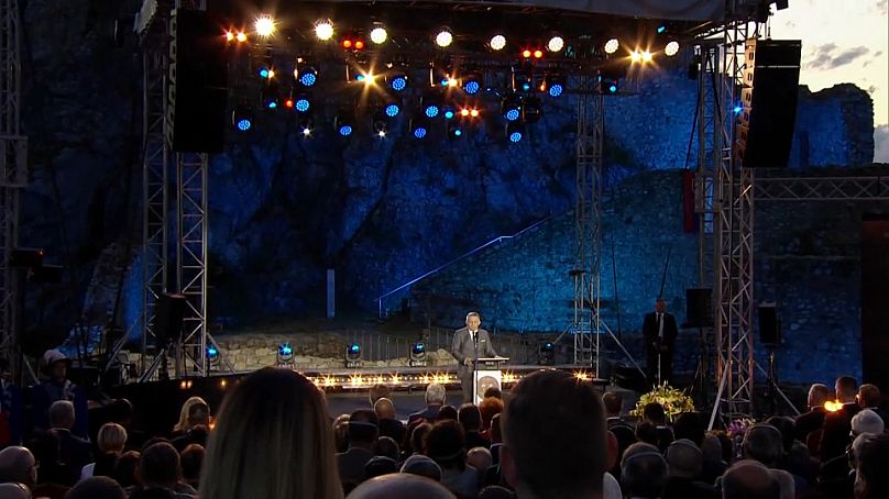 Robert Fico speaks at Devín Castle in the capital Bratislava to mark Saint Cyril and Methodius Day, July 5, 2024