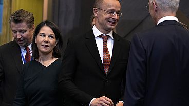 Annalena Baerbock német külügyminiszter és Szijjártó Péter külgazdasági és külügyminiszter egy NATO-tanácskozáson Brüsszelben, 2023. november 28-án