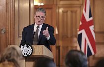 British Prime Minister Keir Starmer delivers a speech, following his first cabinet meeting as Prime Minister, in London, Saturday, July 6, 2024.