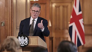British Prime Minister Keir Starmer delivers a speech following his first cabinet meeting as Prime Minister, in London, Saturday July 6, 2024.