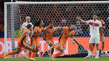 Hollandalı futbolcular buldukları gol sonrası seviniyor, 6 Haziran 2024, Berlin