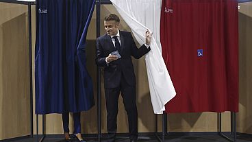 French President Emmanuel Macron and his wife Brigitte Macron vote on Sunday July 7th 2024.