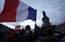People gather on the Republique plaza following the second round of the legislative elections, Sunday, July 7, 2024 in Paris. 