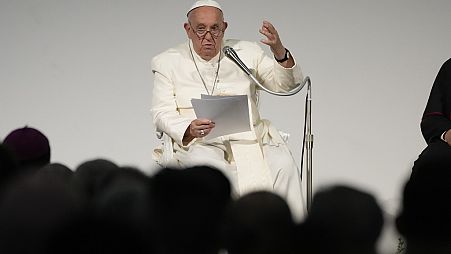 Pope Francis attends a meeting with the participants of the 50th Social Week of Catholics in Italy at the Generali Convention Center in Trieste, northern Italy, Sunday, July 7