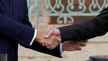 Bundeskanzler Olaf Scholz und der französische Präsident Emmanuel Macron geben sich während einer Pressekonferenz in Meseberg die Hand, 28. Mai 2024, File, Closeup