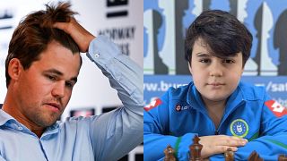 Magnus Carlsen (solda) ve Yağız Kaan Erdoğmuş (Fotoğraflar AP ve X'ten alınmıştır)