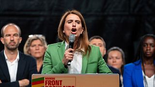 President of the Green Party Marine Tondelier speaks at Republique plaza during a protest against the far-right National Rally.