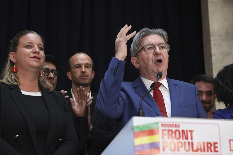 France Unbowed founder Jean-Luc Mélenchon delivers speaks at election night party.