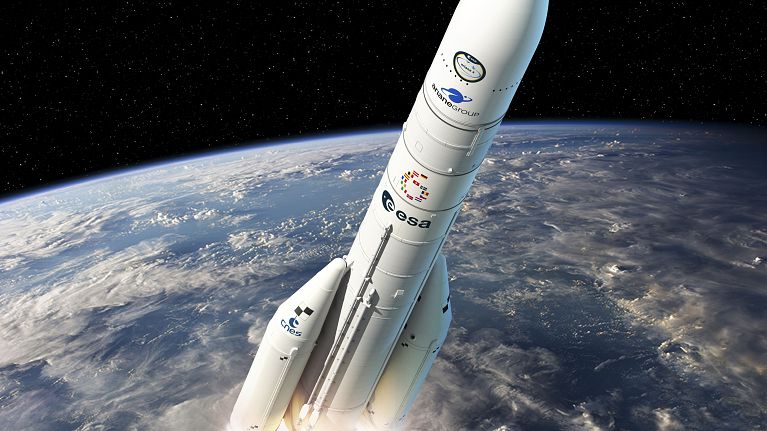 Artist's view of Ariane 6 as it flies into space with the intended livery for its first mission, with black and white markers.
