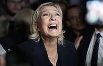 ARCHIVE - Marine Le Pen réagit lors d'une rencontre avec des partisans et des journalistes après la publication de projections dimanche 30 juin 2024 à Henin-Beaumont