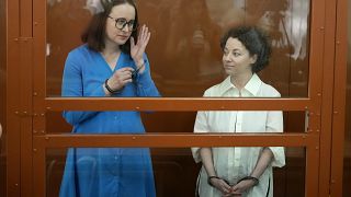 Playwright Svetlana Petrichuk, left, and theatre director Yevgenia Berkovich prior to a court hearing in Moscow on 8 July.